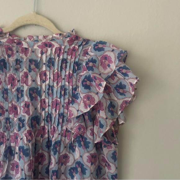 Oliphant Pintuck Ruffle Floral Top, Iris Blue Large - Picture 5 of 10